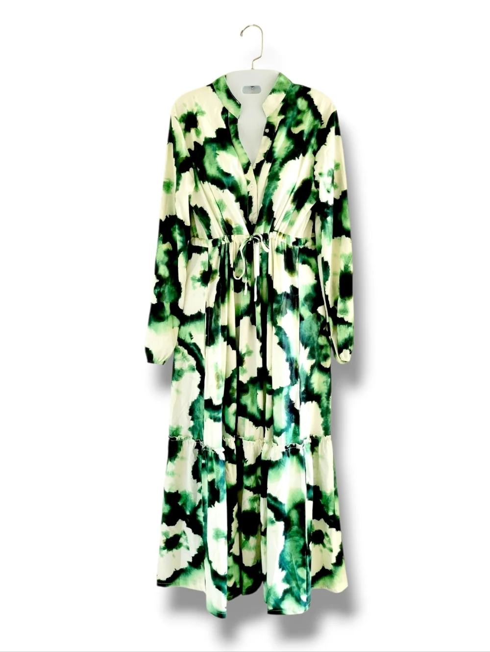 NWT Green/White Tie-Dye Floral Long Sleeve Boho Maxi Dress (SIZE S) - Picture 2 of 15